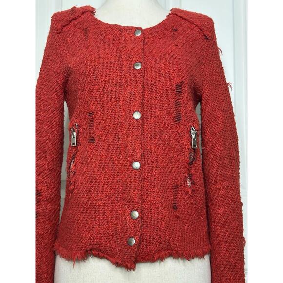 IRO Agnette Knit Zip Tweed Jacket Womens 1 Red Distressed Preppy Money Grunge - Picture 5 of 9